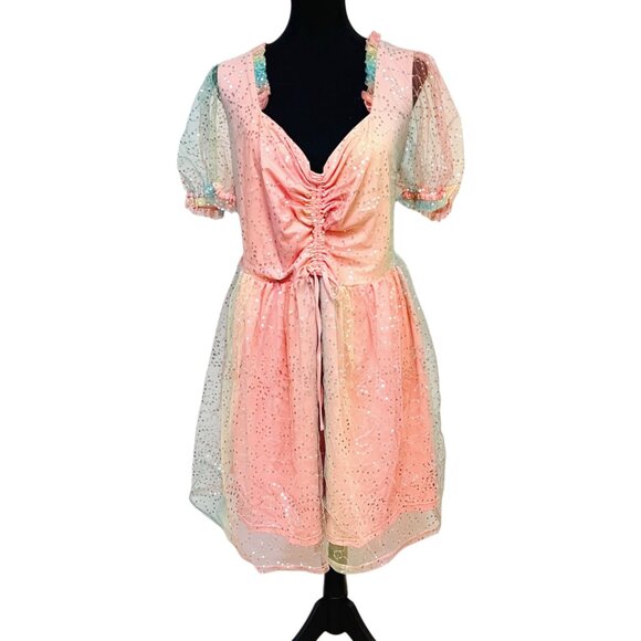 Unique Vintage Fit & Flare Rainbow Mini Dress Sequin Tulle Skirt Swing Plus 3X - Picture 6 of 13
